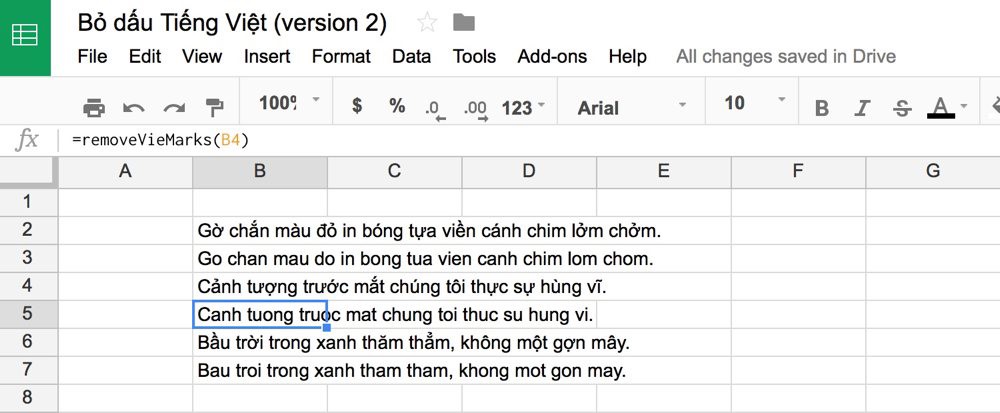 Ví dụ sử dụng hàm bỏ dấu Tiếng Việt